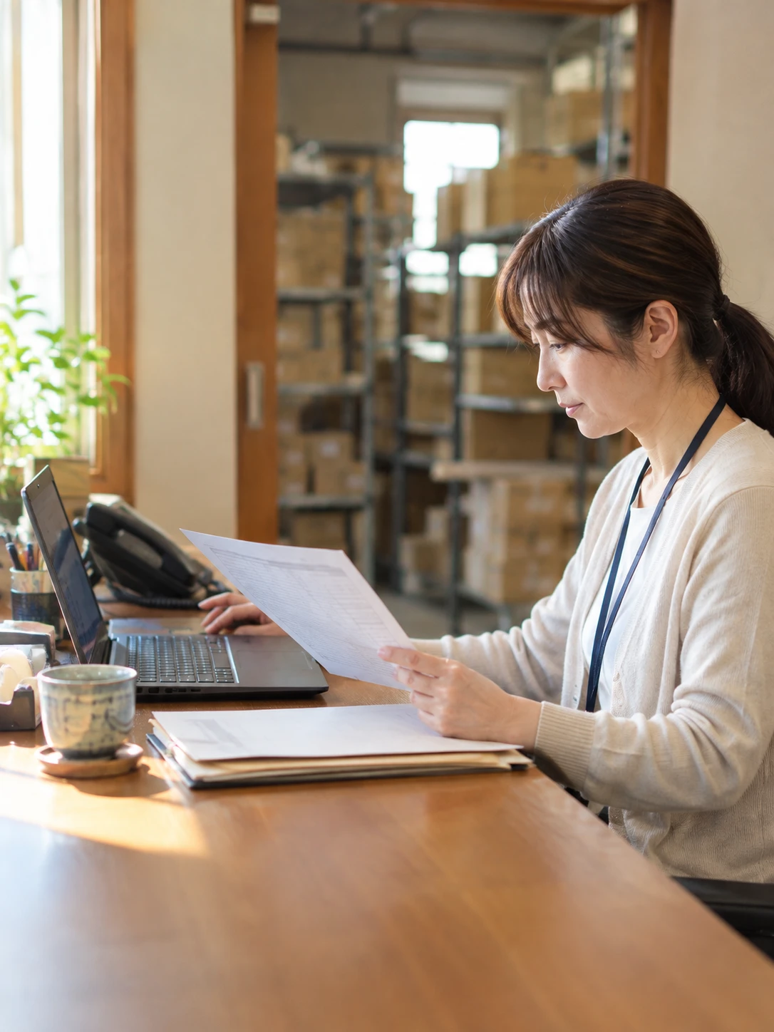 卸売会社の事務所で、受注メールと在庫表を見比べる担当者