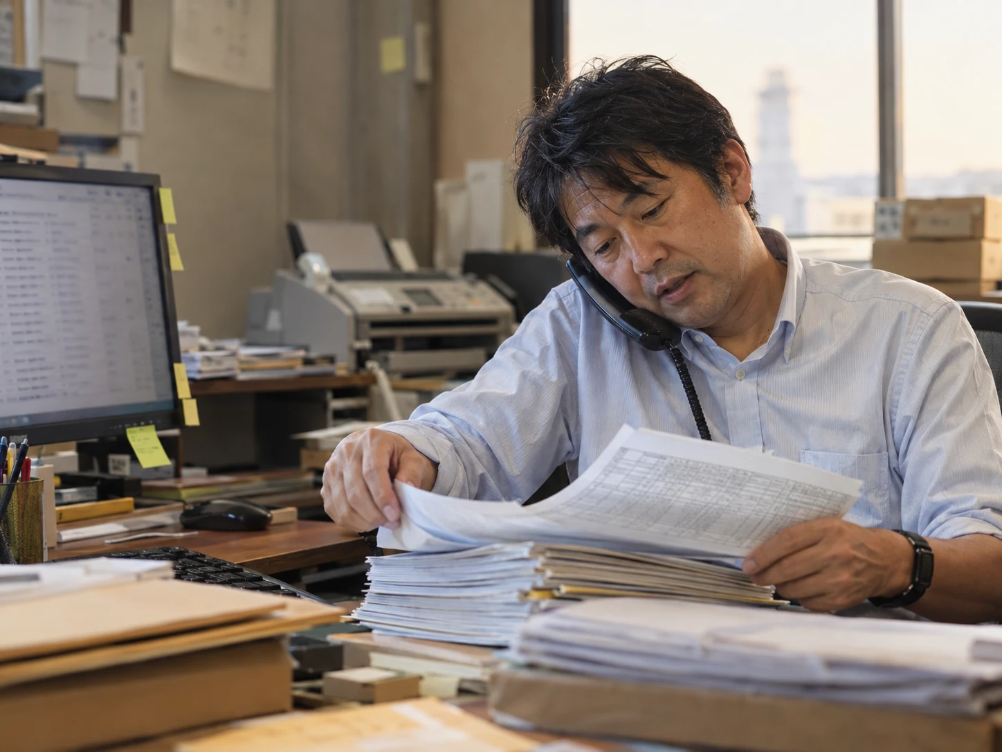 受注の電話を受けながら、紙の注文書と在庫表を探す卸売会社の事務担当者